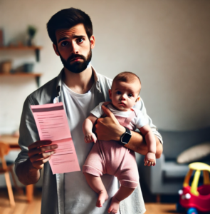 A new dad holding his baby holding a pink slip after being laid off from his job.